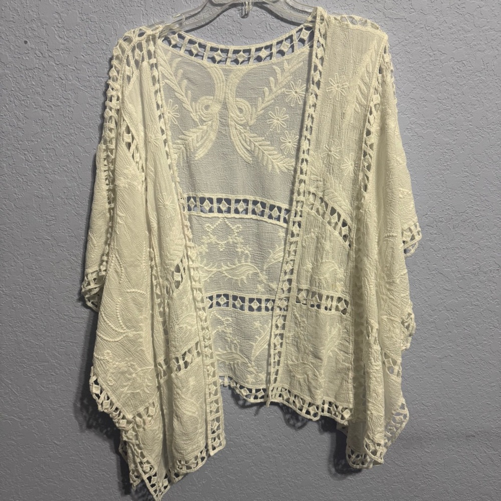 Boho Crochet White Open Front Boxy Cardigan